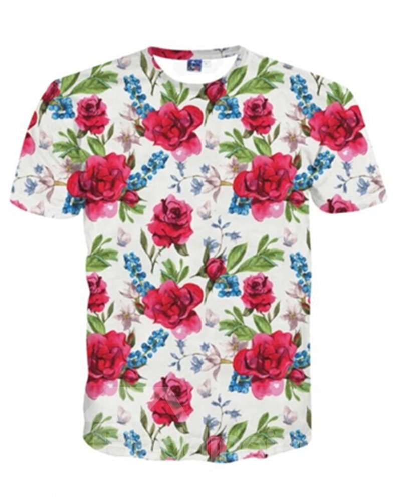 Stylish Round Neck Red Flowers Pattern 3D Painted T-Shirt