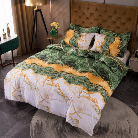 Juego de cama/funda nórdica de 3 piezas con estampado de mármol dorado y 2 fundas de almohada de poliéster 