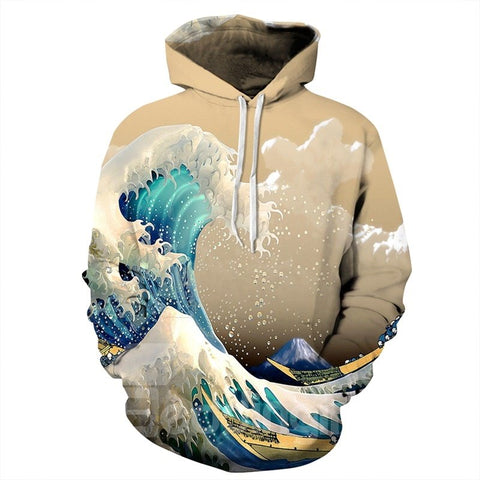 Sudadera con capucha pintada en 3D con patrón de ondas amarillas de mar de montaña de manga larga popular