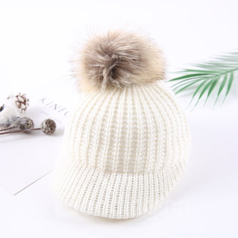 Domed Knitted Winter Hat with Pompon Short Brim Baby Hat