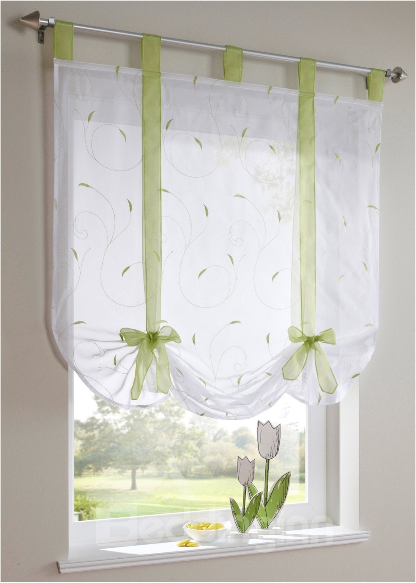 Printed-Line Shade Pastoral Style Window Decor for Kitchen