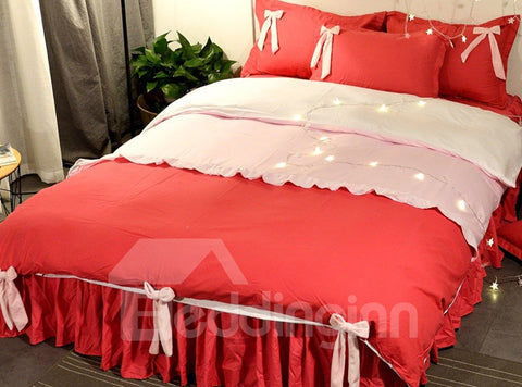 Juego de cama/funda nórdica para niña de 4 piezas con decoración de lazos bonitos estilo princesa roja