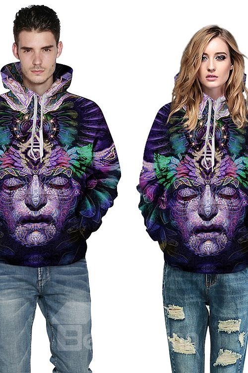 Sudadera con capucha pintada en 3D con patrón de cabeza de piedra de manga larga única