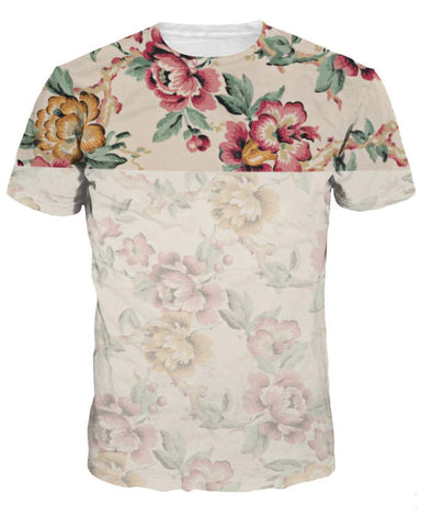 Camiseta linda pintada en 3D con estampado de flores especiales y cuello redondo