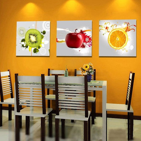 Weiße, schlichte 3-teilige Leinwand-Kunstdrucke mit Apfel, Orange und Kiwi 