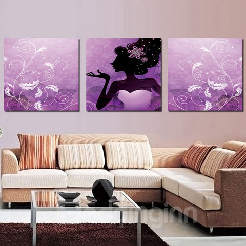 16×16in×4 Panels Pretty Girl Hanging Canvas Waterproof and Eco-friendly Purple Framed Prints