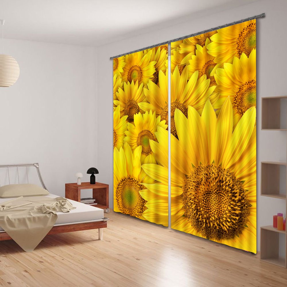 Cortina de sombreado personalizada de poliéster grueso con estampado de girasoles hermosos y vivos en 3D de color amarillo mostaza