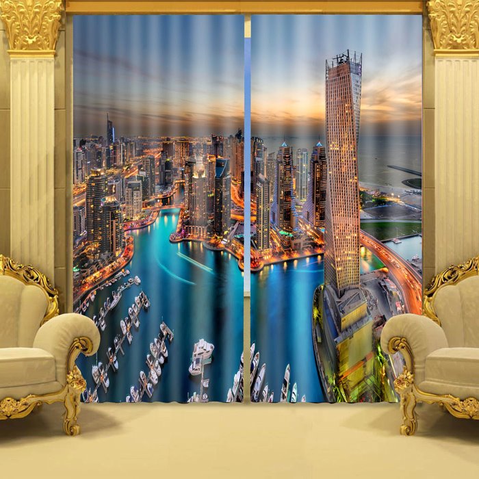 Vivid Sunset Seaside City Scenery Printed 3d Polyester Curtain