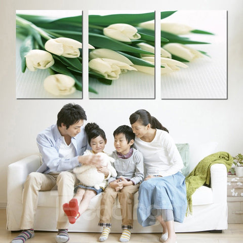 Impresión de pared artística de película de cristal de 3 piezas con encantadores tulipanes blancos 