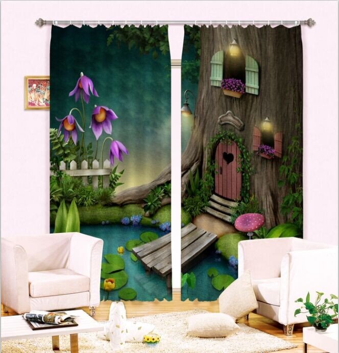 3D Cozy Tree House and Pond Printed Thick Polyester Fantastic Scenery Custom Room Curtain