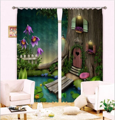 3D Cozy Tree House and Pond Printed Thick Polyester Fantastic Scenery Custom Room Curtain