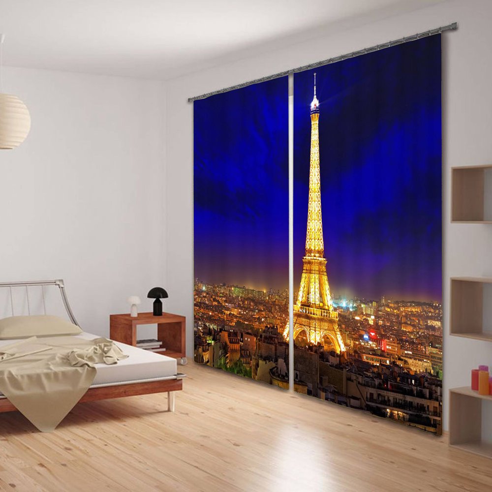 3D Eiffel Tower Night scene Printed Modern Style Polyester Custom Blackout Curtain