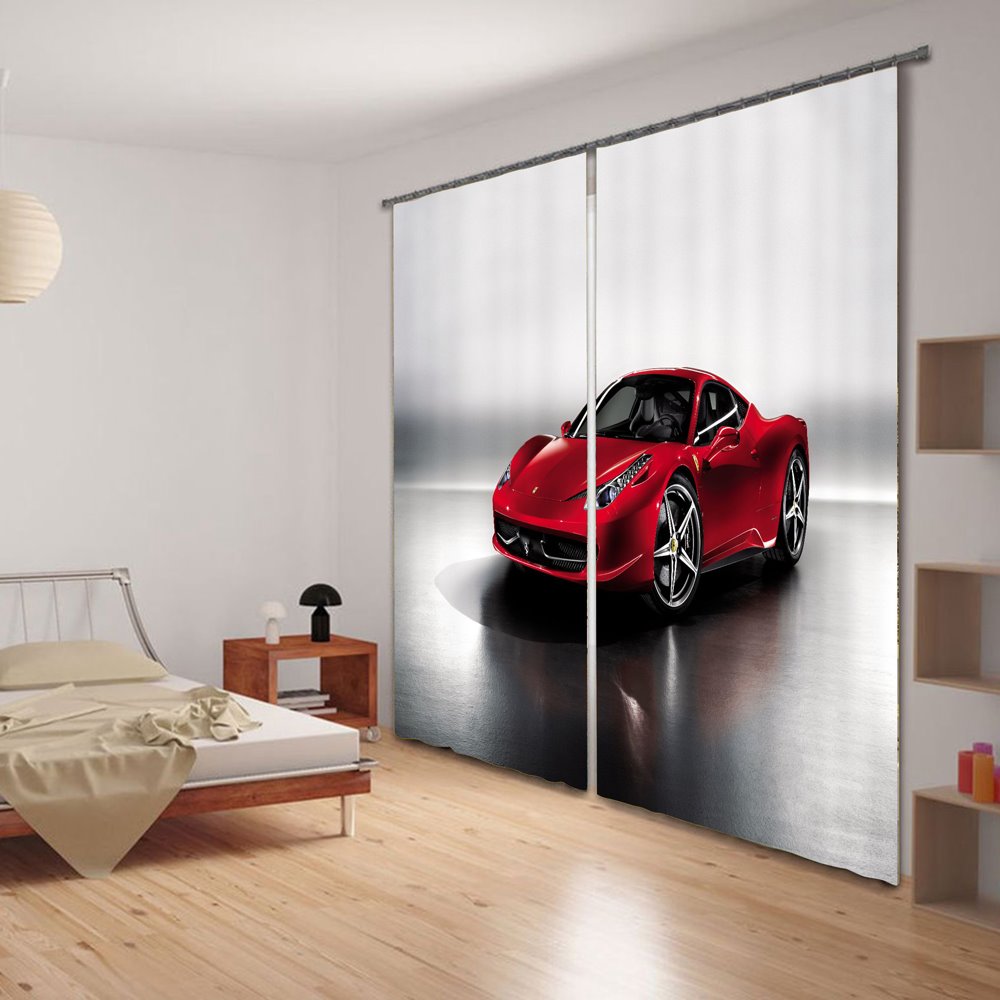 Cortina decorativa y opaca de poliéster con impresión de coches deportivos de moda roja 3D