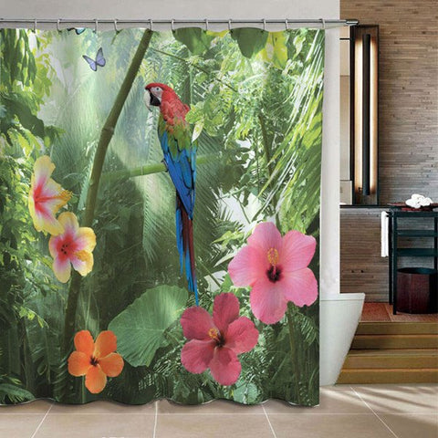 3D Parrot and Forest Printed Polyester Brown Bathroom Shower Curtain