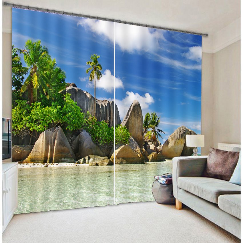 3D Palm Trees and Beach Printed Beautiful Seaside Scenery Thick Polyester Custom Blackout Curtain