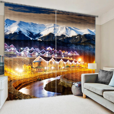 3D-Stadt in den Bergen, wundervolle Nachtlandschaft, bedruckter dekorativer und verdunkelnder Vorhang
