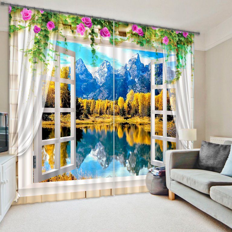 Cortina de sala de estar personalizada con paisaje natural impreso con montañas y ríos en 3D y árboles amarillos