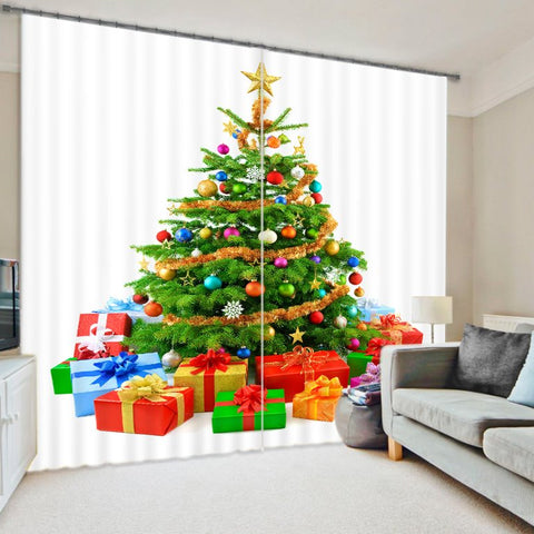 Cortina navideña personalizada con estampado de árbol y regalos en 3D, paisaje festivo, opaca