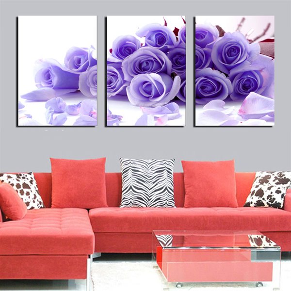 Impresiones artísticas de pared en lienzo de 3 paneles con rosas moradas románticas y delicadas