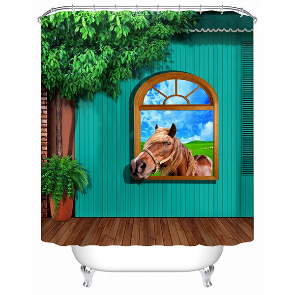 Cortina de ducha de baño verde claro de poliéster con estampado de caballo en ventana 3D