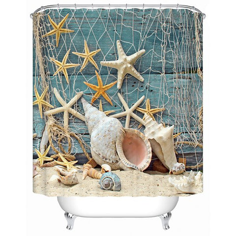 3D-Badezimmer-Duschvorhang aus Polyester mit Meeresschnecken- und Seestern-Muschel-Motiv