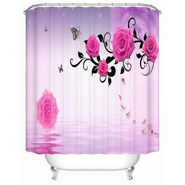 Fashion Concise Romantic Pink Rose and Butterfly 3D Shower Curtain