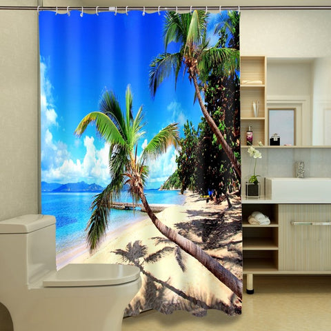 3D Coconut Tree and Beach Under Blue Sky Printed Polyester Shower Curtain