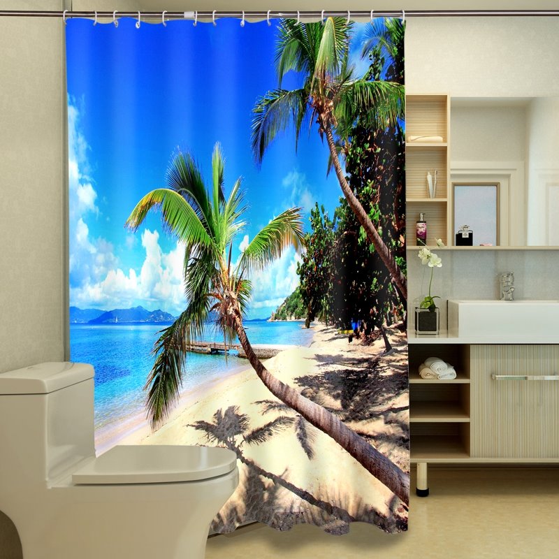 3D Coconut Tree and Beach Under Blue Sky Printed Polyester Shower Curtain