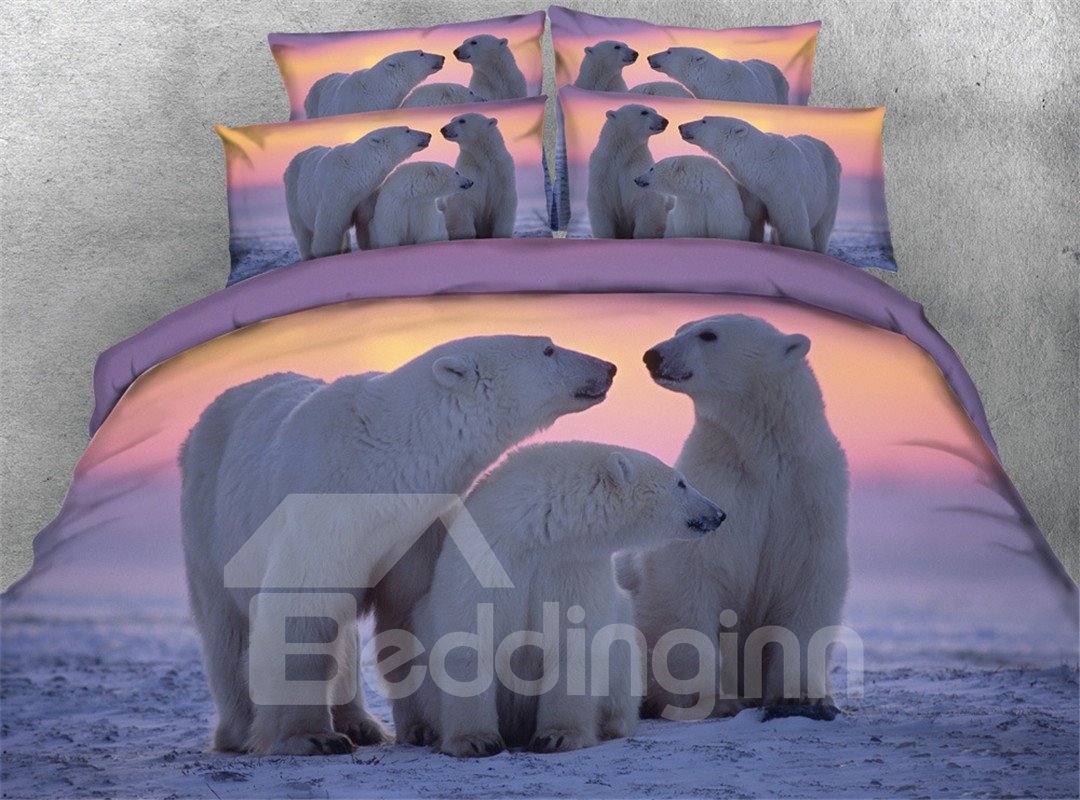 Una familia de osos polares Impreso Juego de cama 3D de 4 piezas / Juego de funda nórdica Poliéster Púrpura