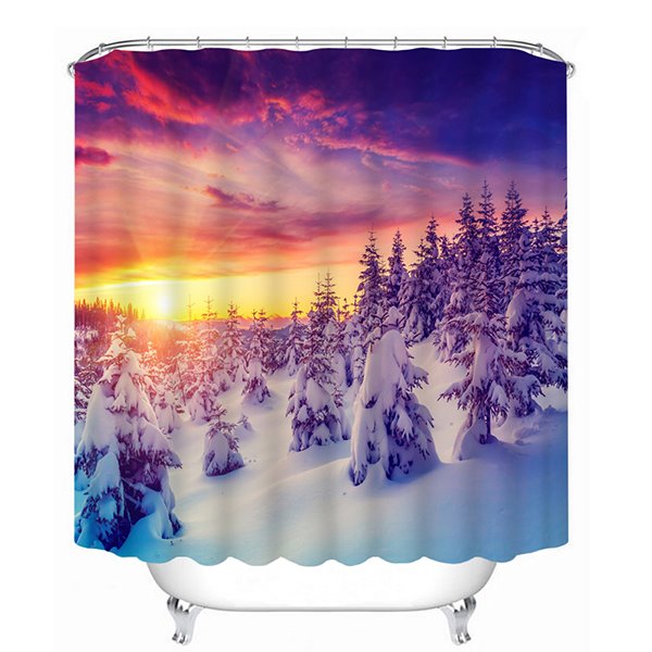 Cortina de ducha de baño 3D con estampado de paisaje de atardecer de bosque nevado hermoso