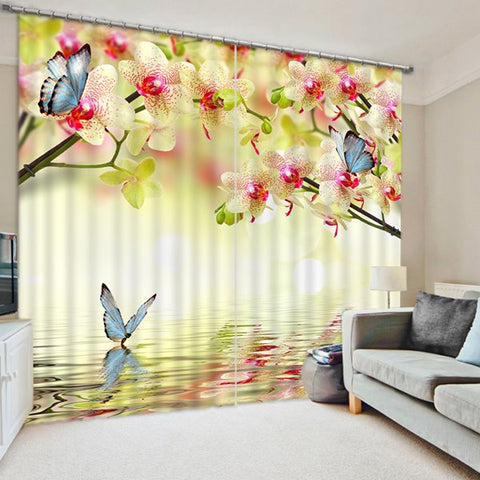 Cortina personalizada de 2 paneles de estilo pastoral con estampado de flores y mariposas de melocotón rosa en 3D
