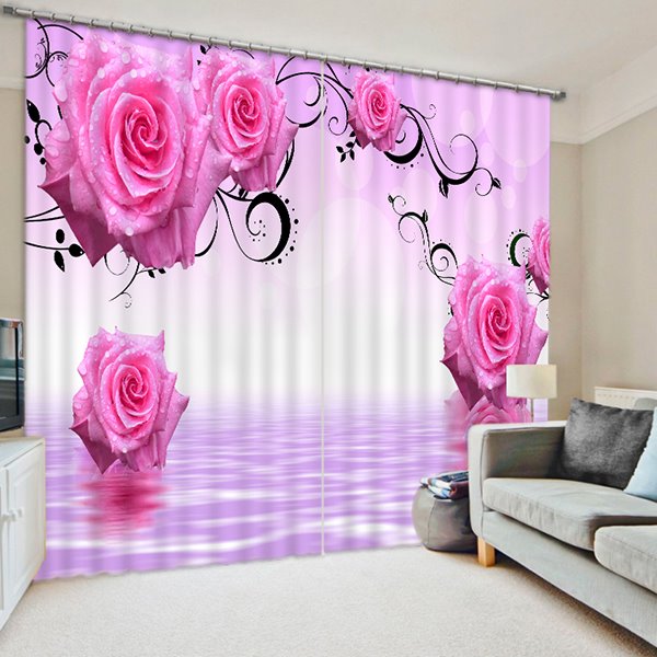 Romantischer rosa Rosen bedruckter individueller 3D-Vorhang für das Wohnzimmer