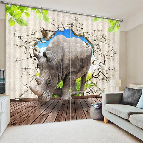 Verdunkelungsvorhang mit 3D-Motiv „Starkes Nashorn bricht die Wand“, bedruckt aus dickem Polyester für Arbeitszimmer