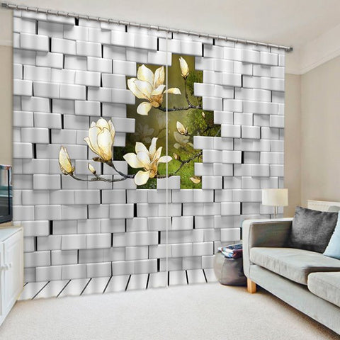 3D-Verdunkelungsvorhang mit Aufdruck „Weiße Orchideen außerhalb der Wand“.