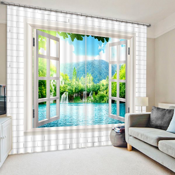 3D Waterfall and Green Trees Printed Thick Polyester Natural Scenery Blackout Curtain