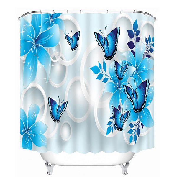 3D-Schmetterlinge und Blumen bedruckter Polyester-Badezimmer-Duschvorhang in Himmelblau