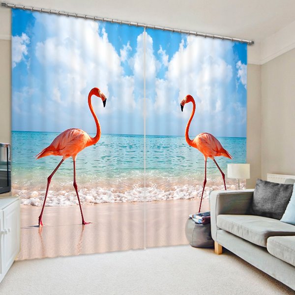 3D-Vorhang mit zwei symmetrischen Flamingos am Strand, bedruckt mit wundervoller Landschaft