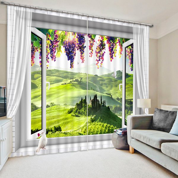 3D Purple Grapes and Broad Grassland Printed Blackout Custom Curtain