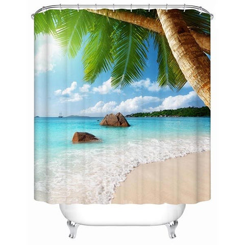 3D Coconut Leaves and Beach Printed Polyester Light Blue Shower Curtain