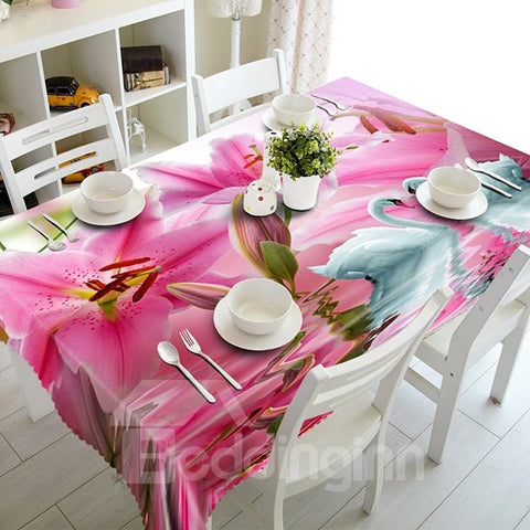 Pink Lily Flowers and Swans Pattern 3D Tablecloth