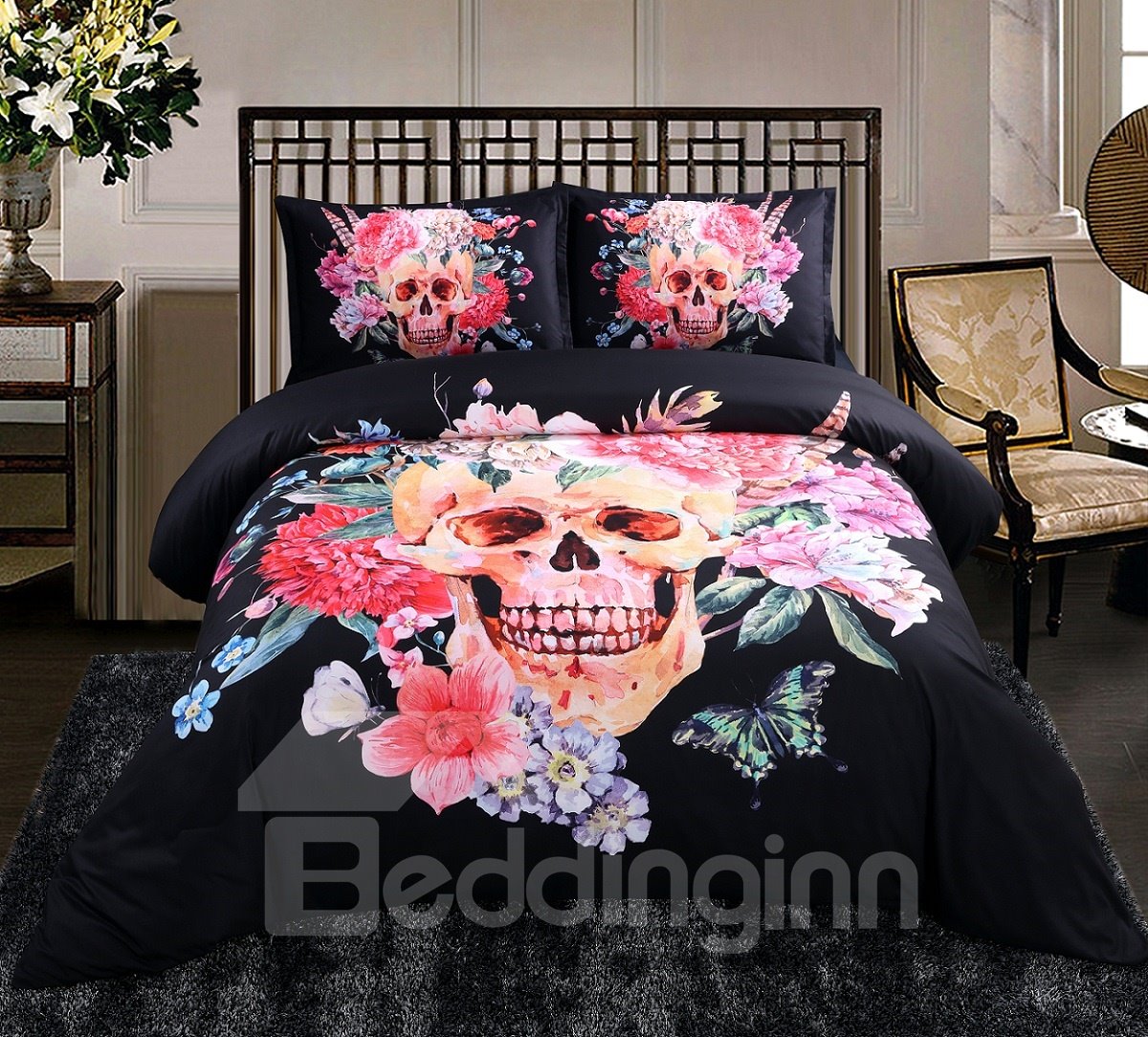 Zuckerschädel mit blühenden Blumen, bedrucktes Polyester, 4-teilig, schwarz, Halloween-3D-Bettwäsche-Sets/Bettbezüge