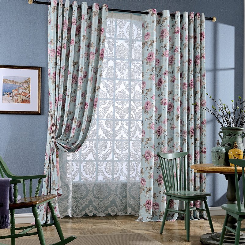 Country Style Floral Printing Light Blue Grommet Top Curtain