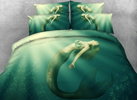 Sirena en el mar Impreso Poliéster 3D Juegos de cama / Fundas nórdicas de 4 piezas