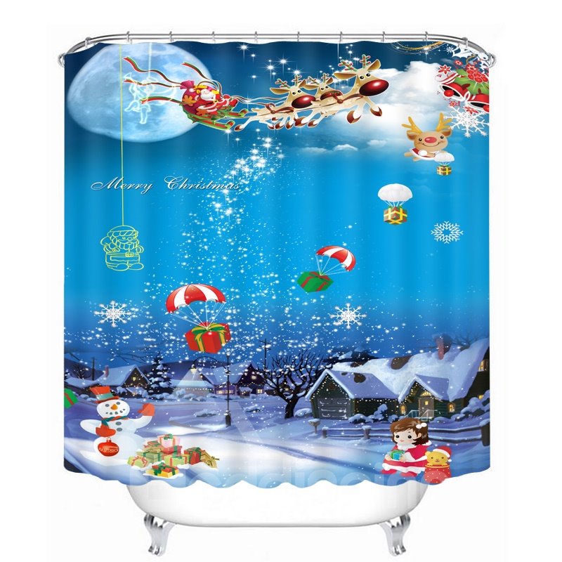 Cartoon Santa Riding Rentier Drop Gift Printing Badezimmer 3D Duschvorhang