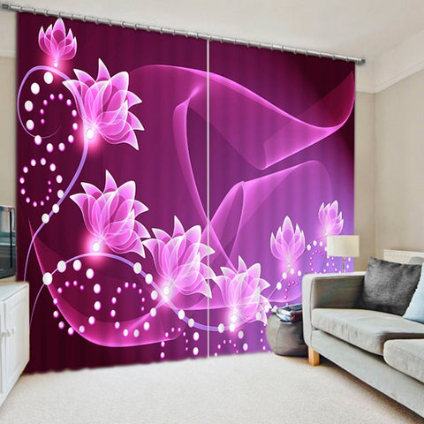 Funkelnde lila Blumen bedruckter 3D-Polyester-Wohnzimmervorhang nach Maß
