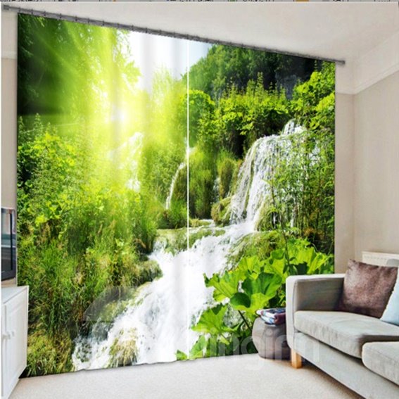 Cortina personalizada opaca con estampado de bosque grueso y cascadas en 3D, 2 paneles para sala de estar