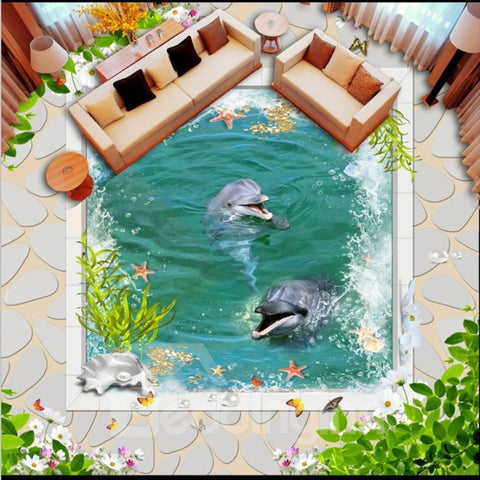 Murales de suelo 3D impermeables con empalme decorativo para el hogar, dos delfines felices jugando en el mar