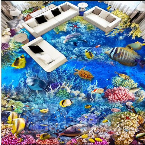 Murales de suelo 3D impermeables con patrón de paisaje marino de delfines y peces frescos