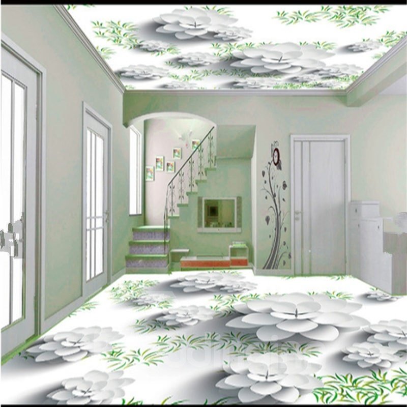 Murales de suelo 3D antideslizantes e impermeables con elegantes flores blancas y plantas verdes