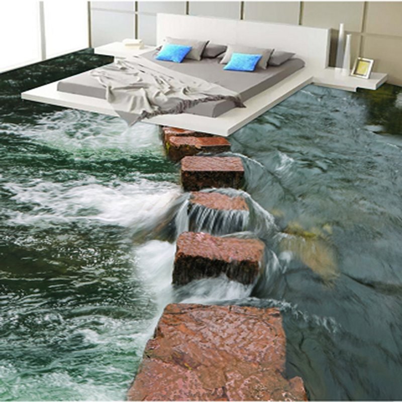 Wasserfeste 3D-Bodenwandbilder „Brauner Steinpfad im Fluss“.